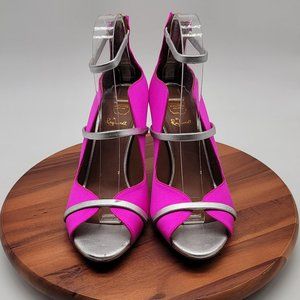 Malone Souliers X Roy Luwolt Pink Satin Silver Leather Mika Space Stiletto Heel